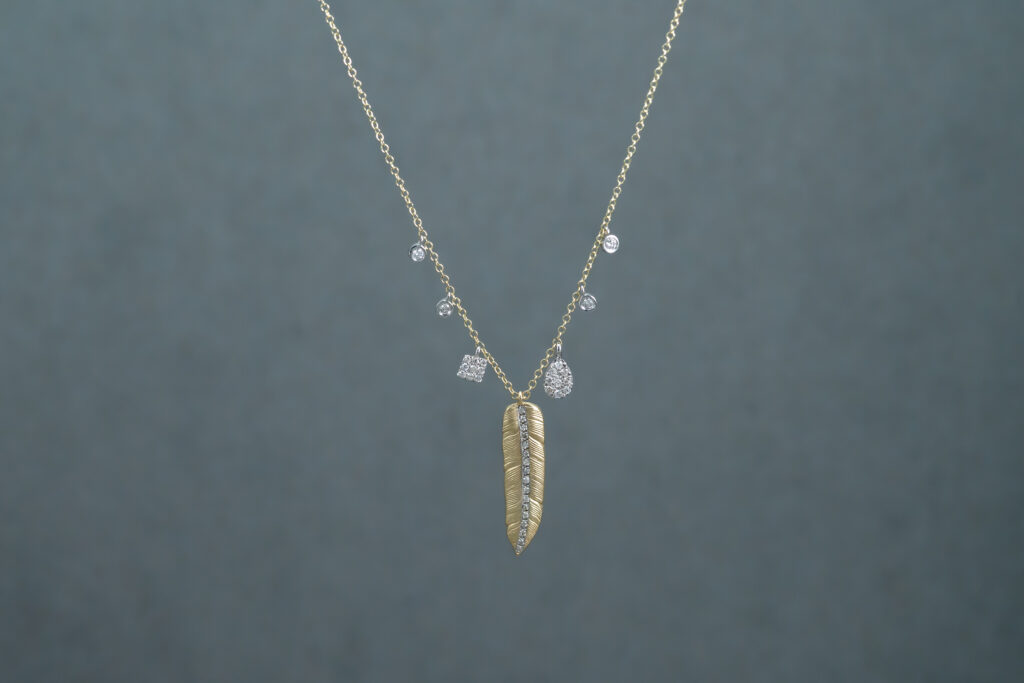 Yellow Gold and White feather necklace 