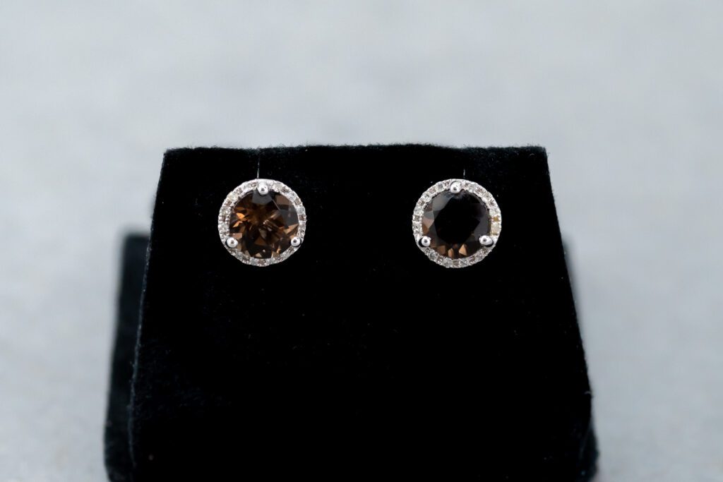 14k White Gold Smoky Quartz and Diamond Stud earrings