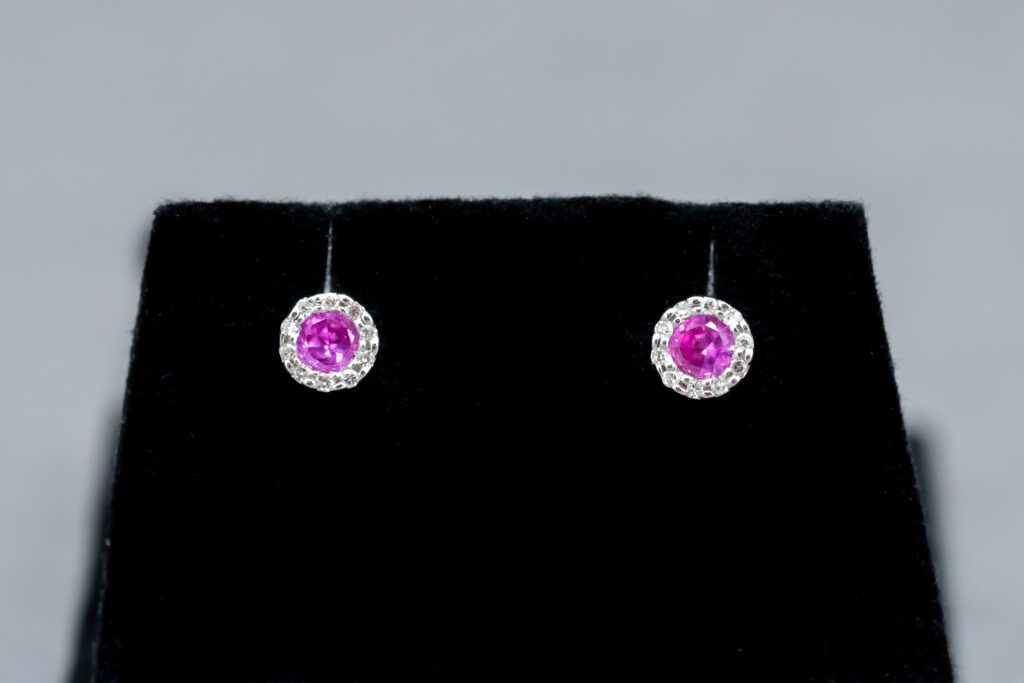 14k White Gold Pink Corundum and Diamond stud cluster earring 
