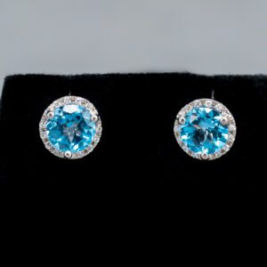 14k White Gold Blue Topaz and Diamond Stud earrings  