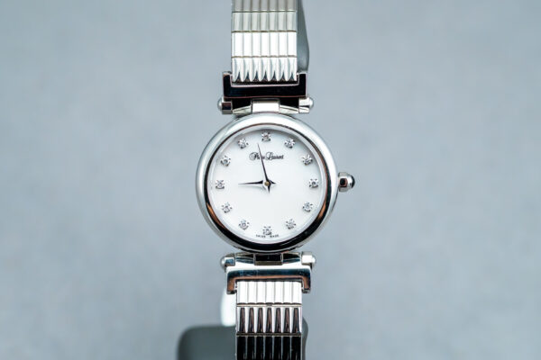 A silver watch with a white face and a black strap.