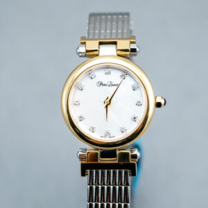 A gold and silver watch with white face
