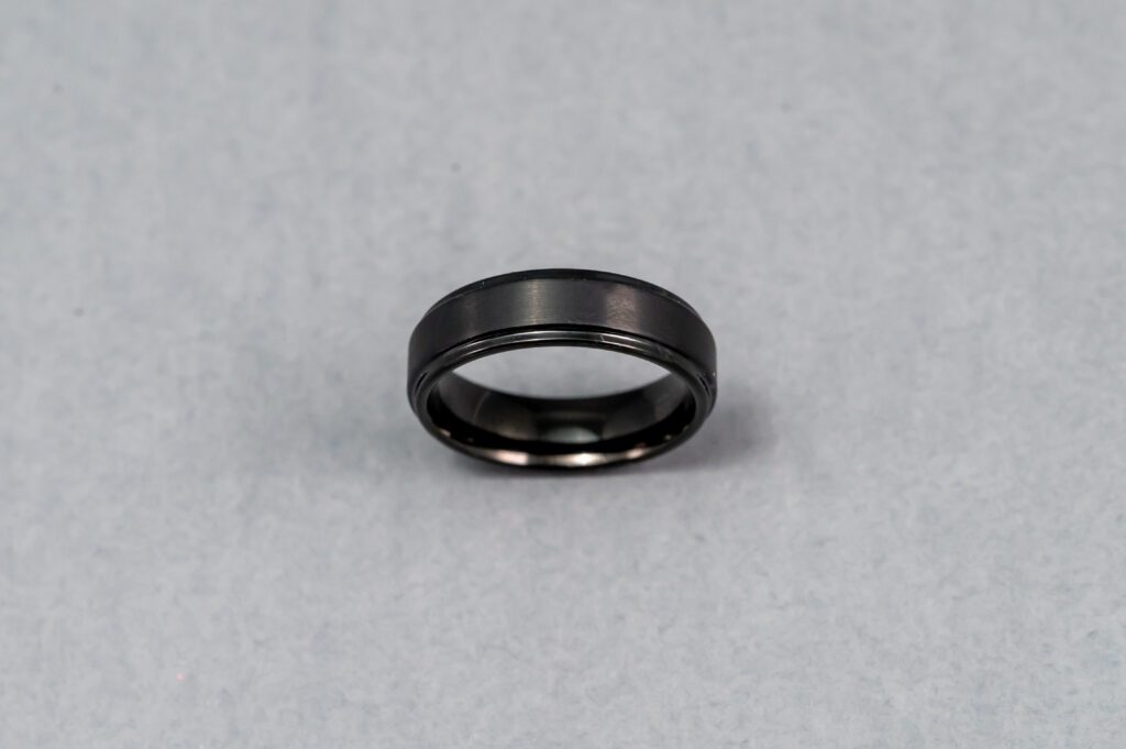 A black ring is shown on top of a white surface.