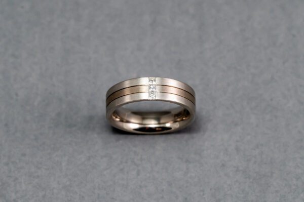 A silver ring with two lines and one diamond.