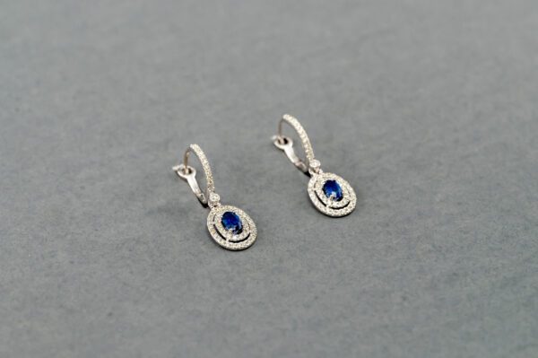 A pair of earrings with blue stones on them.