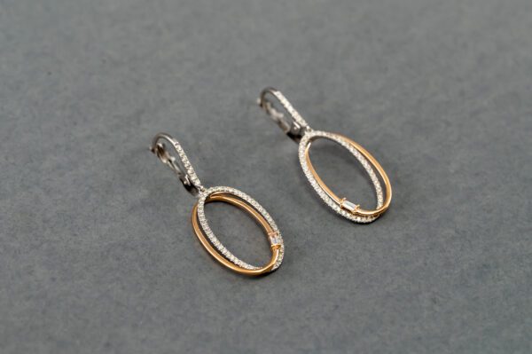 A pair of earrings with two different colored oval shapes.