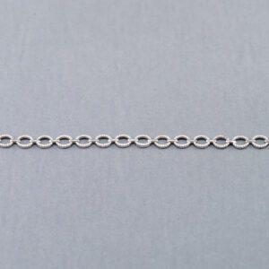 A chain of silver colored oval links on a gray background.