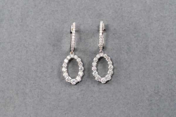 A pair of diamond earrings with a small oval shaped frame.