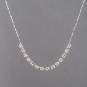 A silver necklace with a number of small squares.