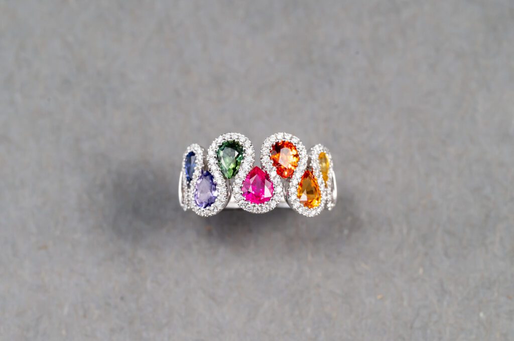 A ring with different colored stones on it.
