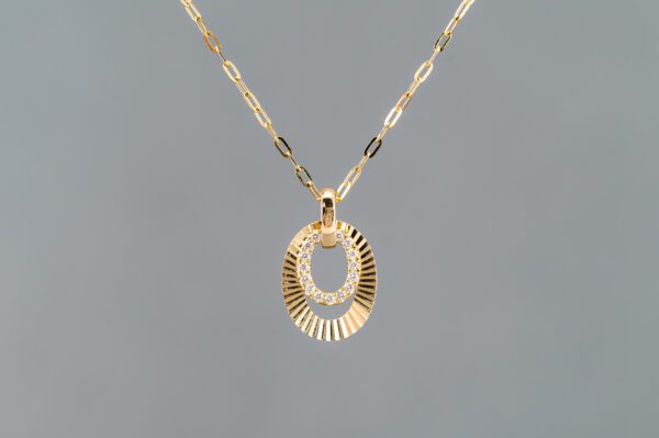 14k Yellow Gold Diamond Oval Pendant With Paper Clip Chain