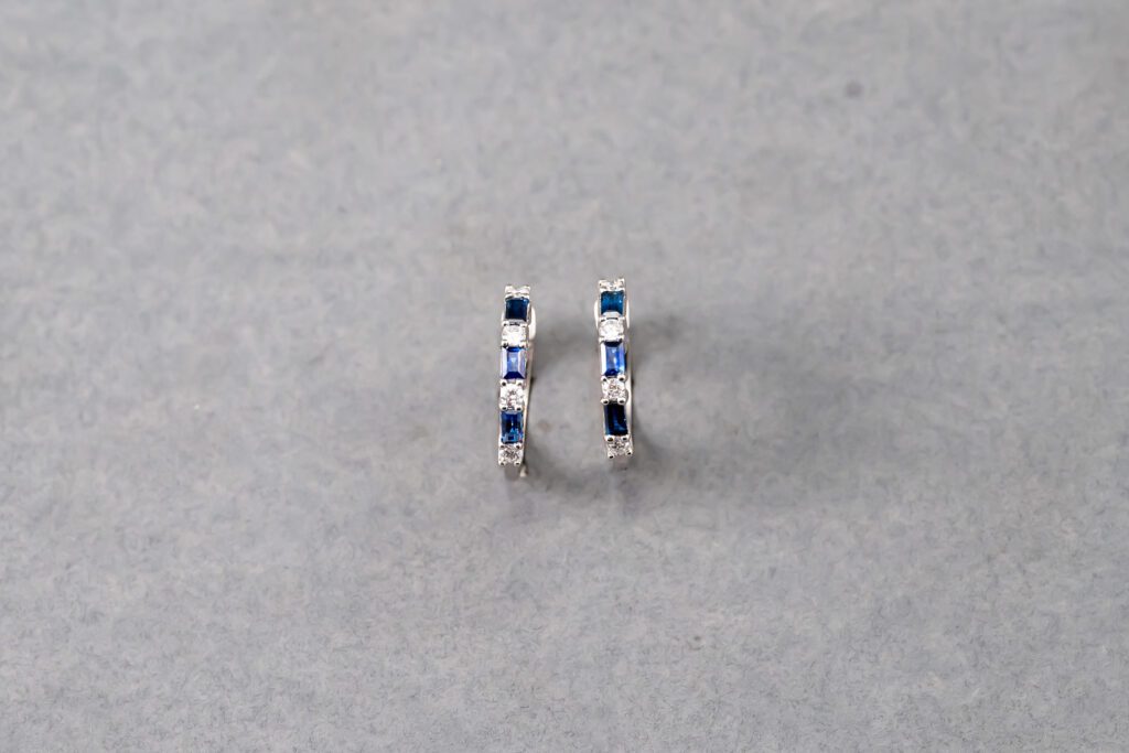 14k White Gold Diamond and Sapphire Hoop Earrings