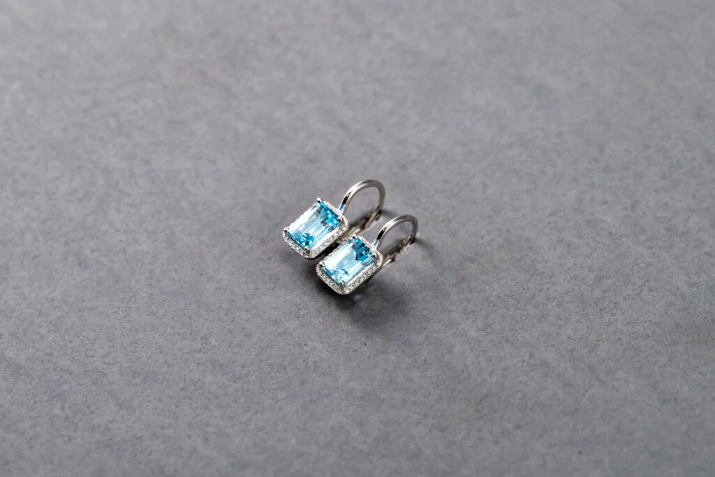 14K White Gold Blue Topaz and Diamond Hanging Earrings