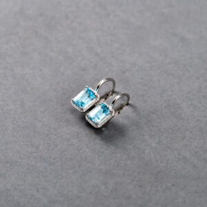 14K White Gold Blue Topaz and Diamond Hanging Earrings