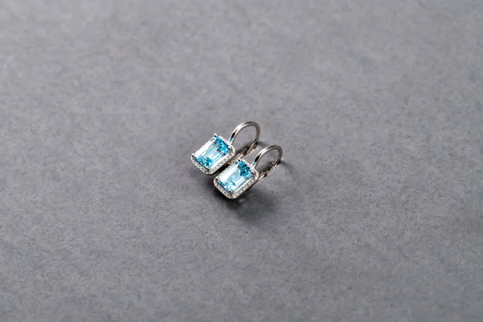 14K White Gold Blue Topaz and Diamond Hanging Earrings