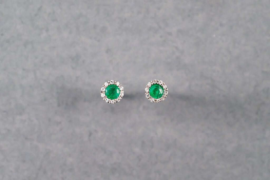 14K White Gold Emerald and Diamond Stud Earrings