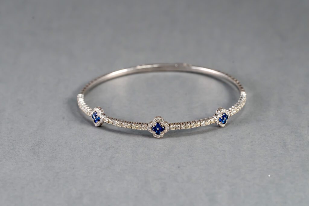14K White Gold Sapphire and Diamond Flexible Bangle Bracelet