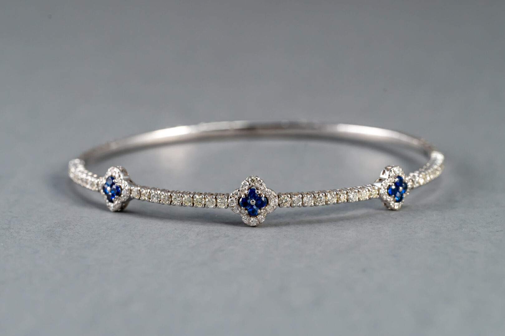 14K White Gold Sapphire and Diamond Flexible Bangle Bracelet - Image 2